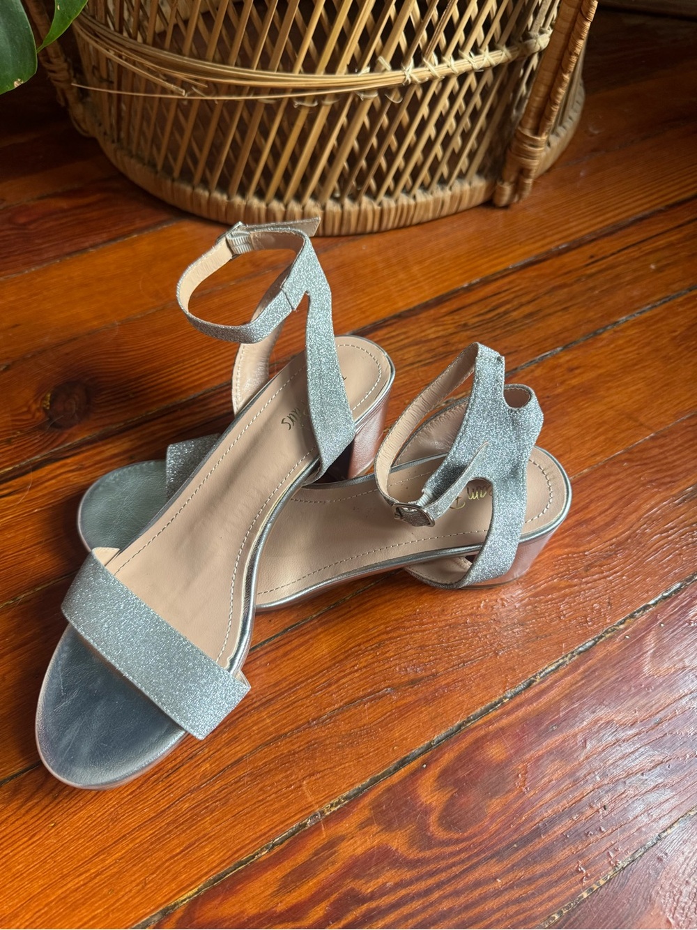 Silver Glitter Block Heel Sandals with Ankle Strap - Picture 3 of 6